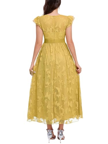 Image of Women's Casual Tulle Midi Dress Ruffle Sleeve Crewneck Lace Flowy Dresses Party Wedding Guest Sundress