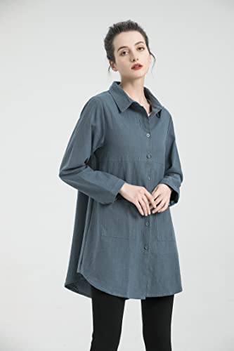 Minibee Women's Linen Shirts Button Down Long Tunic Tops Plus Size Blouse with Pockets3