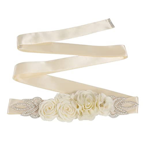 JASGOOD Floral Pearl and Rhinestone Satin Sash Belt #TOP12