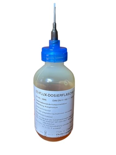 Foto von EO-Flux-Dosierflasche (No-Clean Flussmittel-GEL EO-FG-002, Hochleistungsflussmittel für die Elektronikfertigung, Handlöten, Tauchlötverfahren, Litzenverzinnung), 50 ml Inhalt u. Dosiernadel aus Teflon