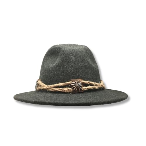 Image of German Oktoberfest Hat - 100% Wool Alpine Tyrolean Fedora with Edelweiss Pin & Rope - Charcoal Bavarian Hat for Men & Women