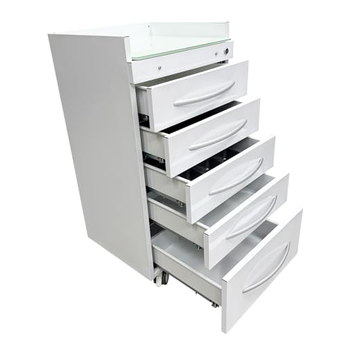 Yokoma 5 Drawers Mobile Office Dental File Storage Cabinet, Stainless Steel White Medical Assistant Utility Cart, Glass Countertop with Lock and Wheels and Storage Trays for Office Hospital - Thumbnail 7