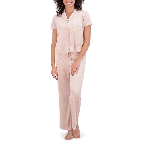 Paris Hilton Women's Short Sleeve Notch Collar and Wide Leg Pants Embossed Velour Pajama Set, Blush Pink ICONIC, XL