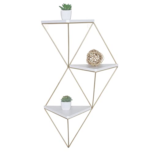 Sheffield Home 15.5X27.5 Inch Decorative Geometric Triangular Metal And Wood Floating Shelf, Gold And White #TOP10