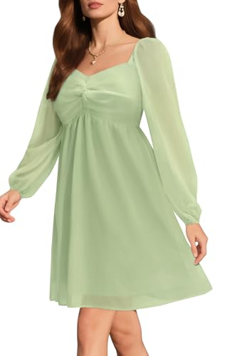 Image of Pinup Fashion Women Graduation Dress Sage Green Puff Long Sleeve Homecoming Engagement Sweetheart Neckline Short Chiffon A Line Dress, Small