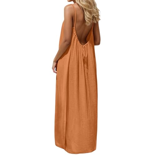 Image of HTHLVMD Backless Cami Dress Summer Dresses for Women 2026 Spaghetti Strap Dresses Womens Solid Color Backless Cami Dress