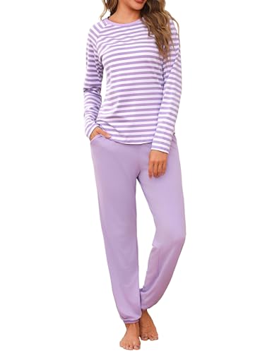 Uniexcosm Pijama de Mujer Largo Algodón Conjunto de Pijamas Mujer 2 Piezas Manga Larga en Cuello Redondo Raya Top y Pantalones Morado 3XL