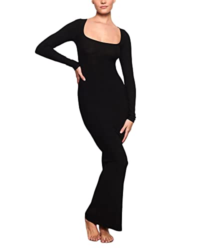 Felcia Damen Sexy figurbetontes Kleid Langarm Einfarbig Quadratischer Ausschnitt Kleid für Cocktail Club Party, Schwarz , Small