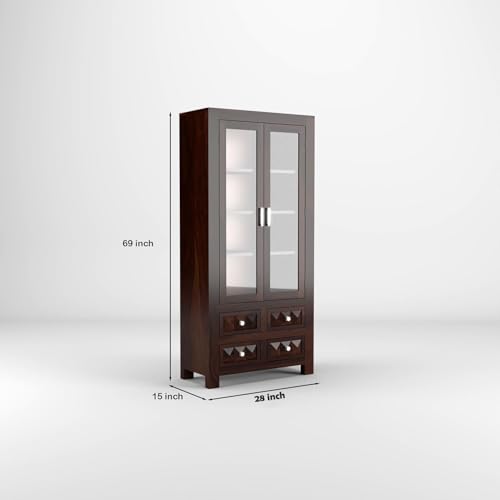 Image of Sheesham Wood Bookcases with 4 Shelves 4 Drawer - Wooden Kitchen Crockery Cabinet for Dining Room Kitchen with Glass Door Book Shelf Wooden Rack for Living Room (Henry Walnut)