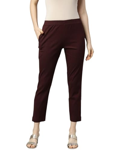 Image of MINELLI Women Solid Cigar Pants, Cotton Lycra Slub Fabric, Elasticated Waistband, Pull On Style, Regular Fit Bottom Wear for Western and Ethnic Wear