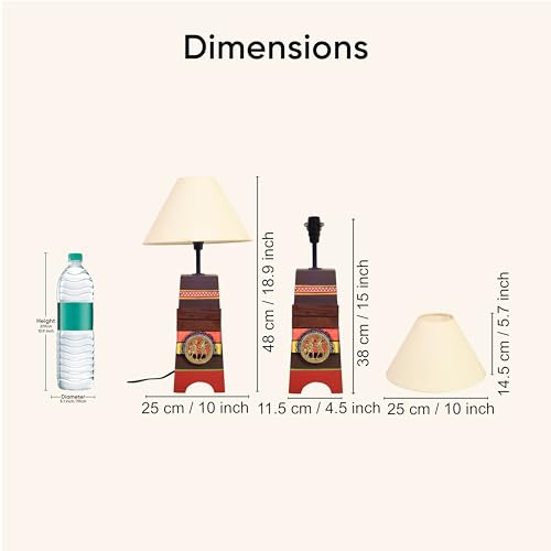 Image of AAKRITI ART CREATIONS MDF Table Lamp for Study Room, Bedroom & Living Room Decoration | Dhokra-Warli Dhokra Tribal Motif Bedside Lamp with Cotton Fabric Shade | Aesthetic Night Lamp