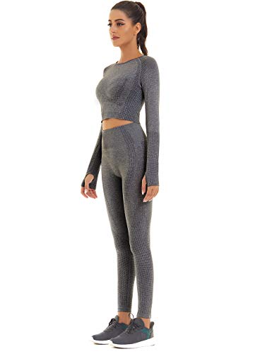 Toplook Women Seamless Workout Outfits Athletic Set Leggings + Long Sleeve Top (Dark Gray, Small)