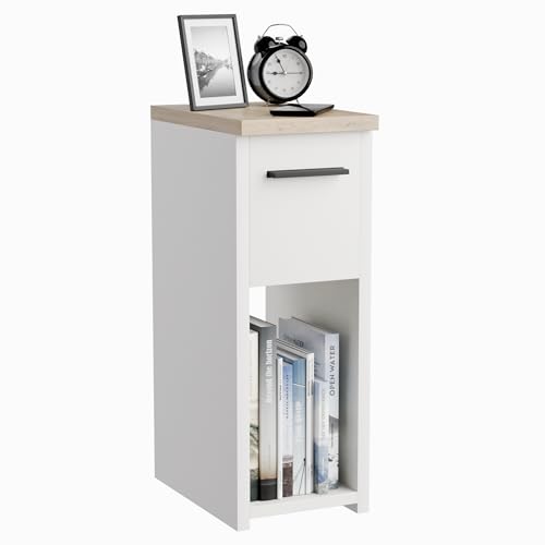 ComfortCove Mesita de Noche, Cajonera, Mesa de Noche Estrecha, Gabinete de Noche, Mesa Auxiliar Delgada con Estante de Almacenamiento y Tirador, Blanco/Roble. Dimensiones: W20 x H55 x D30,5 cm