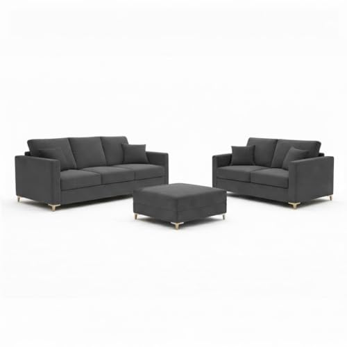 Image of Rich Velvet Suede Sofa | Spacious Soft Touch Comfort Seating | Modern Sofa for Living Room (Dark Grey, Hayes, 3 + 2 Seater Sofa + Ottoman)