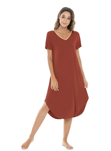 Image of NACHILA Nightgowns for Women-Viscose Made from Bamboo, V Neck Sleepshirts Short Sleeve Sleepwear Cool Nightshirt