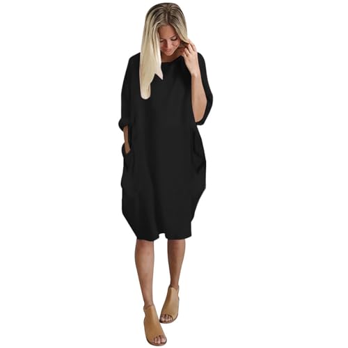 Midi-Kleider für Damen, rot, weiß und blau, Damentasche, lockeres Kleidungsstück, Damen, Rundhalsausschnitt, lässig, knielang, lässig, lockere Passform, bequeme Baumwolle, weich, atmungsaktiv, Schwarz
