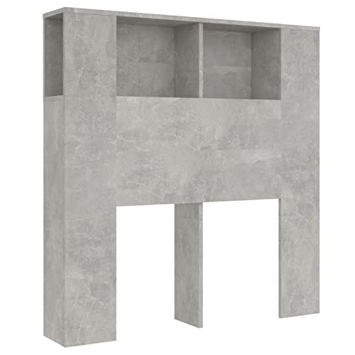 Cabecero de madera con estante expositor y mesilla de noche para dormitorio, color gris hormigón, 100 x 18,5 x 104,5 cm