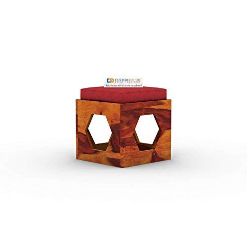Image of CUSTOM DECOR Wooden Coffee Table with 4 Stools for Living Room | Honey Finish, with Cushion