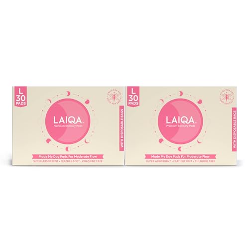 Image of LAIQA Ultra Soft Moderate Flow Sanitary Pads for Women| 60 Large Premium Pads with 60 Disposable Bag + 4 Free Pantyliners|Made with Natural Fibers|Rash-Free Pads with 4 wings|No Chlorine|No Fragrance