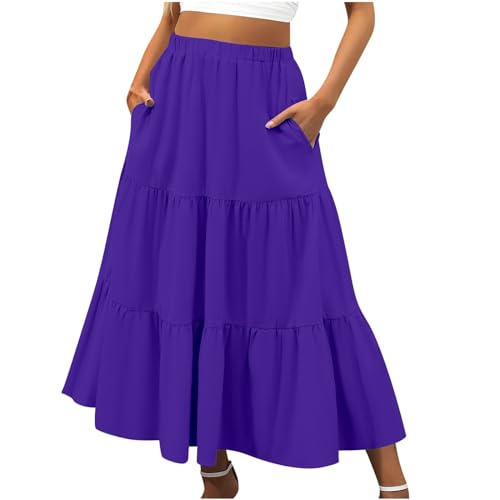 Summer Maxi Skirt for Women Boho Lightweight Flowy Tiered Long Beach Skirts with Pockets, Blue, Large