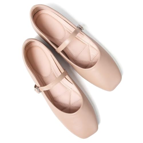 Stunner Ballet Flats for Women Women's Mary Jane Shoes Square Toe Casual Flats Comfortable Ankle Strap Flat Shoes Apricot 40(7.5) 2