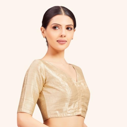 Image of Studio Shringaar Women Readymade Raw Silk V Neck Saree Half Sleeve Blouse