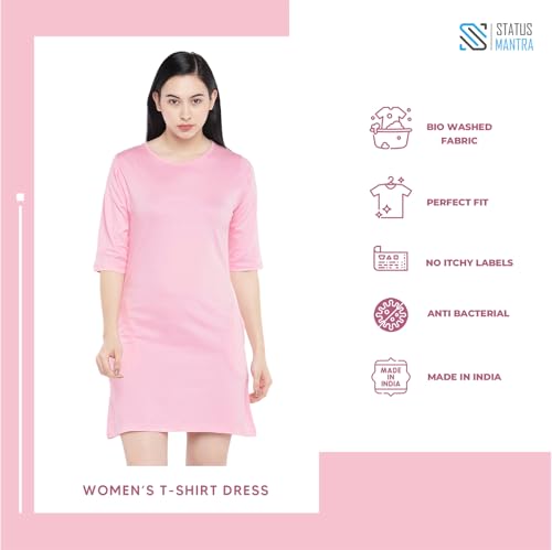 Image of STATUS MANTRA Women's Long T-Shirt Dress - Cotton Casual Knee Length Dress with 3 /4 Sleeves | Soft Bio-Washed Fabric, Crew Neck, Relaxed Fit | Comfy Summer Lounge Wear