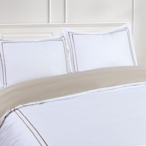 Majestic Giftware Madison Linen 8-Piece Full Size Duvet Bedding Set (BL51-F-3) | Flora Hotel Collection-White-Taupe Embroidery 400 TC Cotton Sateen | 2 Fitted Sheets, 2 Duvets, 4 Pillowcases