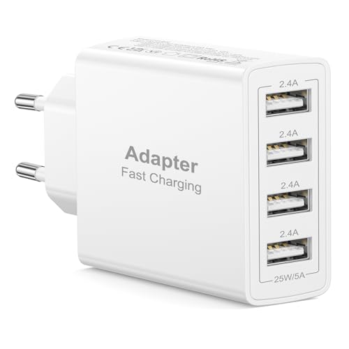 Cargador USB, 4 Puertos 25W/5A Enchufe U-SB Multiple Cargador Móvil Carga Rapida C-argador USB Multiple Cargador Rapido Carregador para iPhone 17/16/15/14/13/12/11/X/8, Samsung S25/S23/S22, Xiaomi