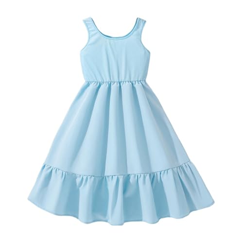 BILIKEYU Girls Sleeveless Casual Beach Dress Crewneck Elastic High Waist Ruffle A Line Flowy Dresses for Kids 6