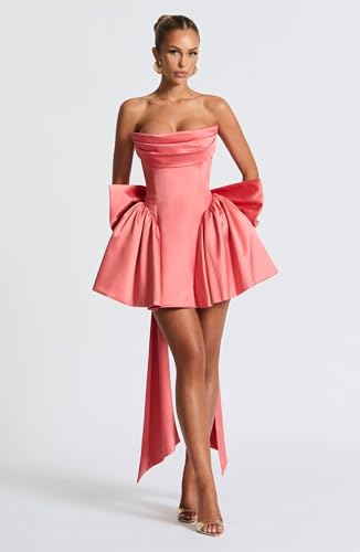 Strapless Satin Homecoming Dresses for Teens 2025 Cowl Neck A Line Short Prom Dress with Bow Cocktail Party Gown4