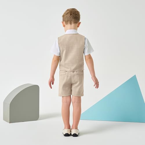 Image of Volunboy Baby Boys Summer Suits Short Sleeve Wedding Ring Bearer Outfits 4Pcs Graduation Dress Vest Shirt Bowtie Shorts Set