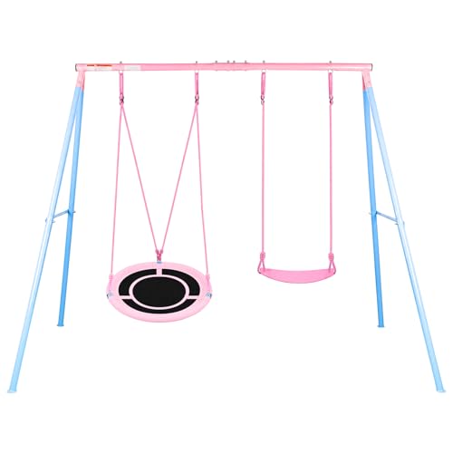 hotsizz Balancoire Extérieure, 207 x 179x 147cm balançoire Enfant 2 en 1, avec Une balancoire à nacelle et Une balançoire Classique, capacité maximale de...