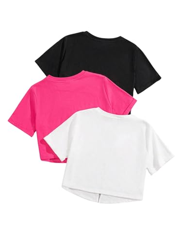 OYOANGLE Girl's 3 Pack Short Sleeve Tee Shirts Set Twist Hem Crop Top Summer Casual Tees2