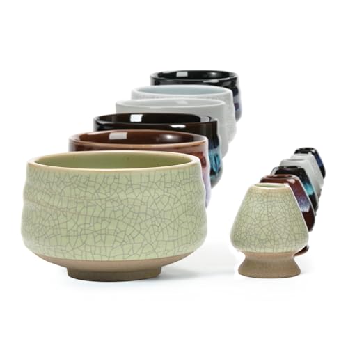 TEANAGOO Chawan Matcha cuenco de té y soporte para batidor Matcha, soporte Chasen, MB-6, 510 ML, verde claro mate con costura negra, 2 piezas/cajas.…