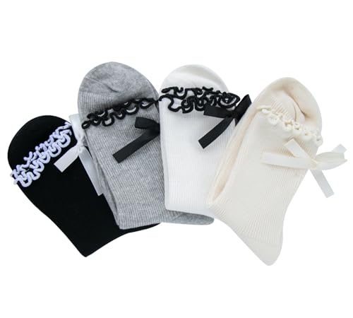Image of Womens Bow Socks Ruffle Casual Crew Black Whitte Soft Breathable Cotton 4 Pairs Socks