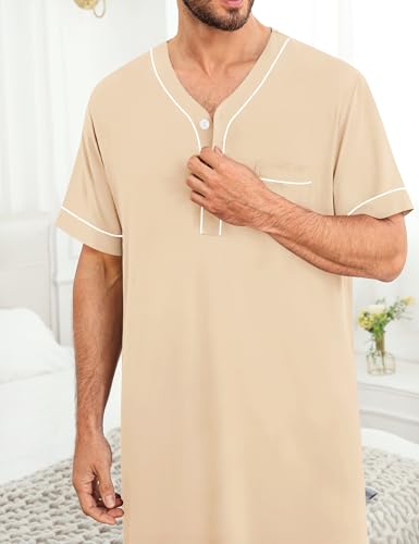 Image of SWOMOG Mens Nightgown Short Sleeve Lounge, Sleep Henley Shirt Pajama Big & Tall Nightshirt Comfy Nightwear M-3XL