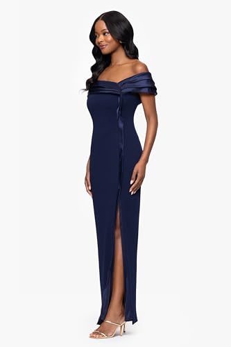 Image of Betsy & Adam Womens Floor-Length, Sleeveless, Sheer Hem, with Fitted Silhouette and Notched Lapel Neckline
