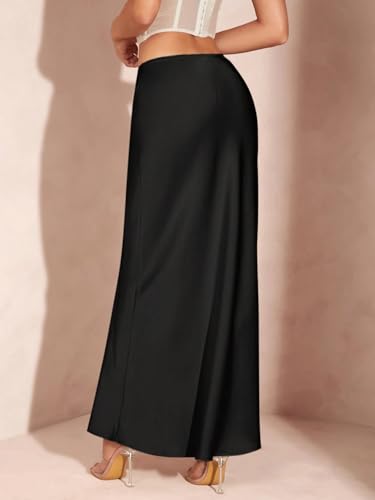 High Waisted Solid Satin Skirt with Lace Maxi Length Basic Women's Summer Casual Vinage Skirt2