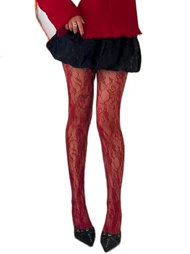 Acrawnni Womens Floral Lace Tights Y2k Lace Patterned Fishnet See Through Pantyhose Leggings Sexy Vintage Mesh Stockings (A-Burgundy ONE SIZE)