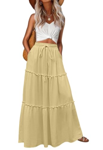 Image of Lepunuo Womens Casual Boho High Waisted Flowy Maxi Skirts Tiered Floral Long Skirts with Pockets for Summer Beach Vacation