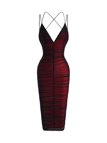 winkbay Women's Mesh Ruched Bodycon Dress Backless Criss Cross Deep V Neck Midi Evening Party Club Dresses Red and Black Small : Clothing, Shoes & Jewelry