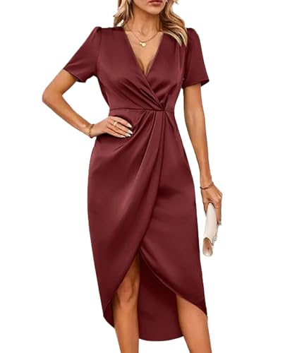 Image of Sexyshine Women's Wrap V Neck Short Sleeve Satin Midi Dress Split Hem Ruched Pleated Formal Evening Party Dresses