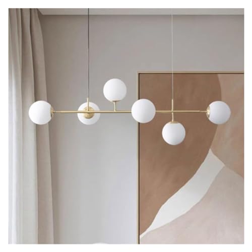 Lustre suspension boules verre blanc opale et plafonnier doré 6 lampes
