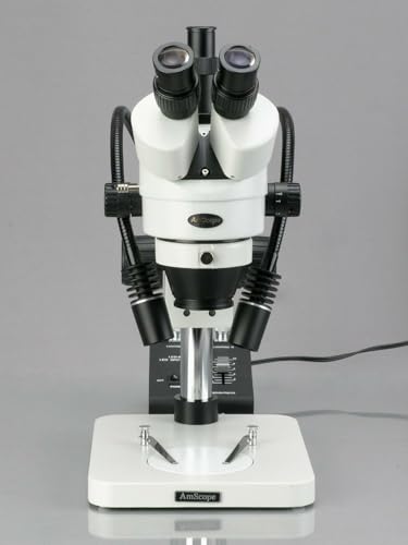 Image of AmScope SM-1TSW2-L6W Professional Trinocular Stereo Zoom Microscope, WH10x and WH25x Eyepieces, 3.5X-225X Magnification, 0.7X-4.5X Zoom Objective, 6W Dual-Gooseneck LED Light, Pillar Stand, 85V-265V, Includes 0.5X and 2.0X Barlow Lenses