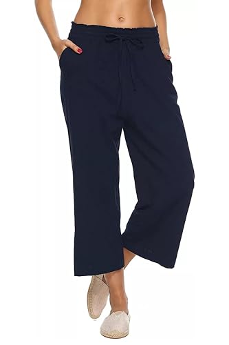 Image of LNX Womens Linen Capri Pants Wide Leg High Waisted Drawstring Casual Cropped Pants with Pockets