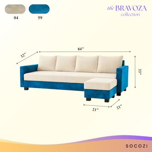 Image of SOCOZI Braven 5 Seater L Shape Sofa Set with Movable Ottoman | Flexible Layout | Soft Velvet Suede Fabric | Modern Design | Plush Comfort Cushions for Living Room (Blue-Cream)