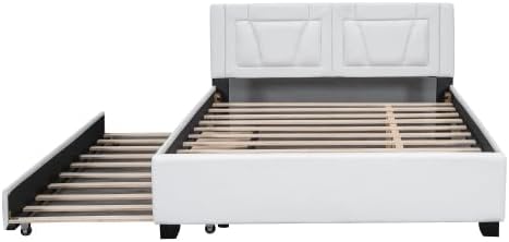 Front view of bed frame components with slats and trundle