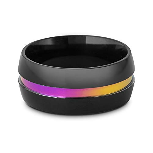 Steve Madden Black IP Plated Stainless Steel Rainbow Center Wedding Band Ring for Men (Black Size 11)