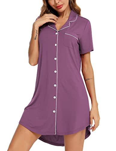 Image of Samring Pajama Nightgown for Women Short Sleeve Button Down Boyfriend Night Gown Nightdress Sleep Shirts
